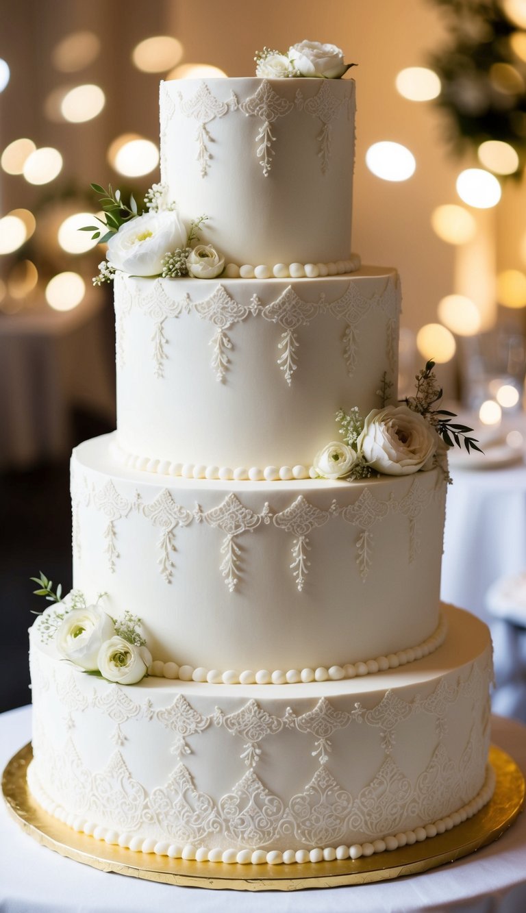 A three-tiered wedding cake adorned with intricate sugar lace and delicate floral details