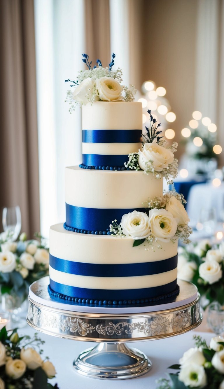 A three-tiered royal blueberry and cream cake adorned with delicate white flowers sits atop a silver cake stand, surrounded by elegant wedding decor