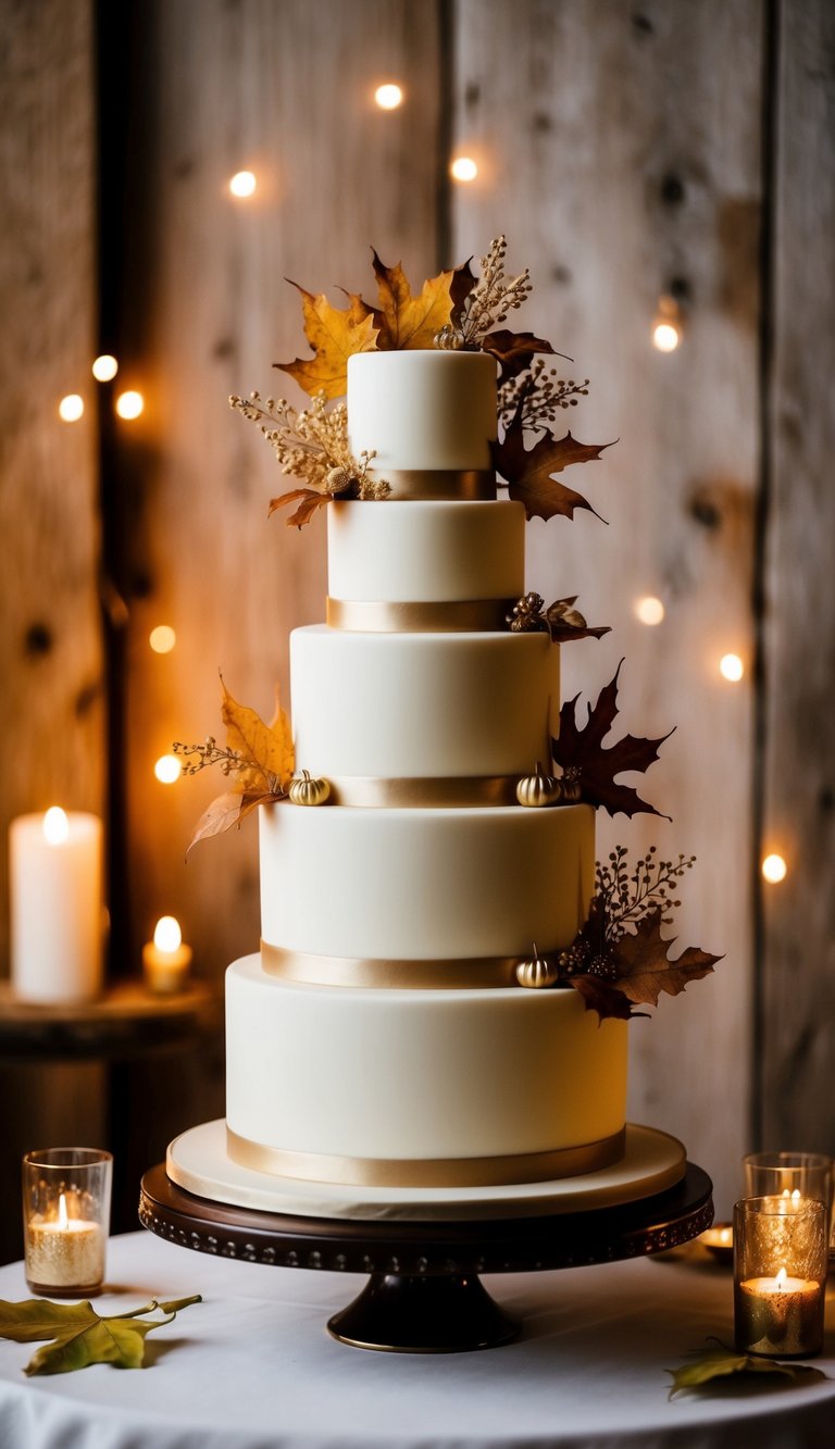 A three-tiered wedding cake adorned with autumn leaves and elegant gold accents, set against a backdrop of rustic wood and soft candlelight