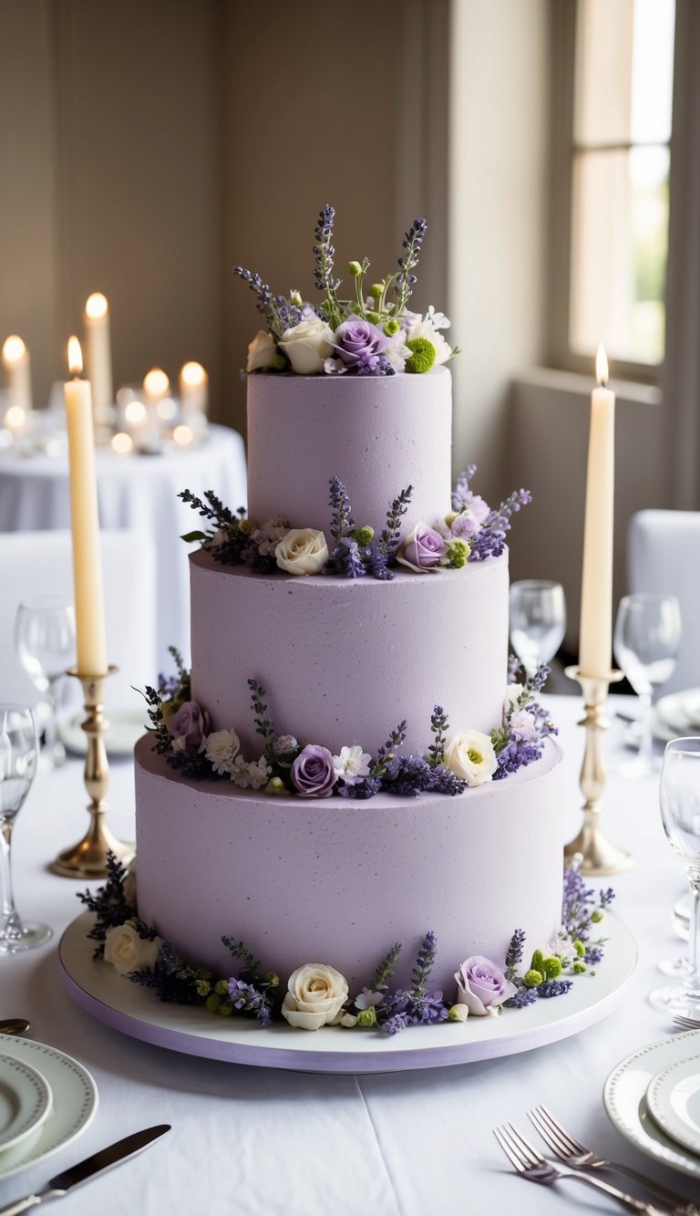 A three-tiered lavender cream cake adorned with delicate floral decorations sits on a white table, surrounded by soft candlelight and elegant table settings