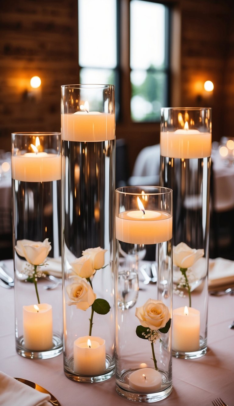 Tall cylinder vases hold floating candles, creating a romantic wedding centerpiece