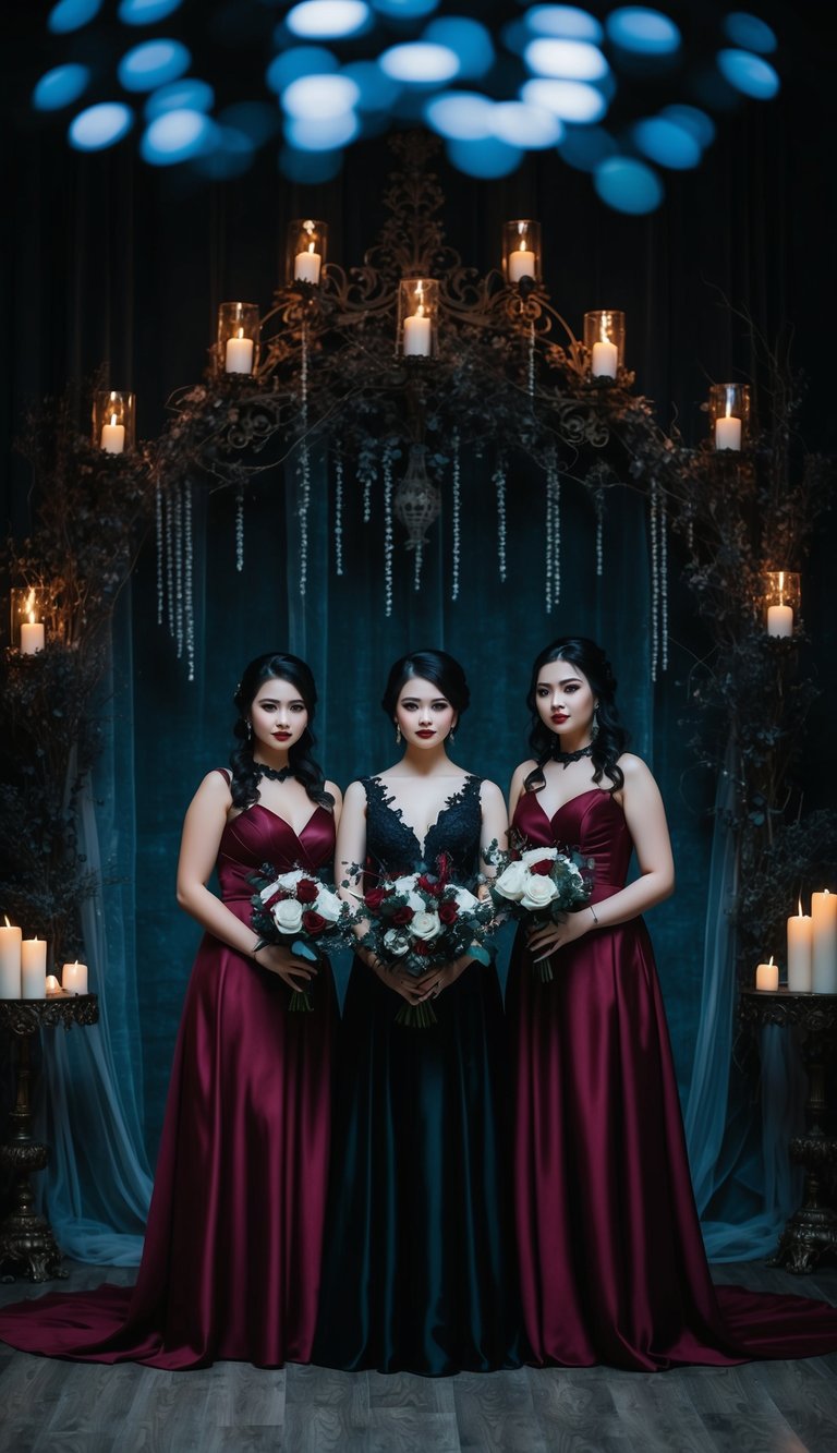 A dark, gothic wedding scene with bridesmaid dresses in deep red and black, set against a backdrop of eerie, ornate decorations and dim candlelight