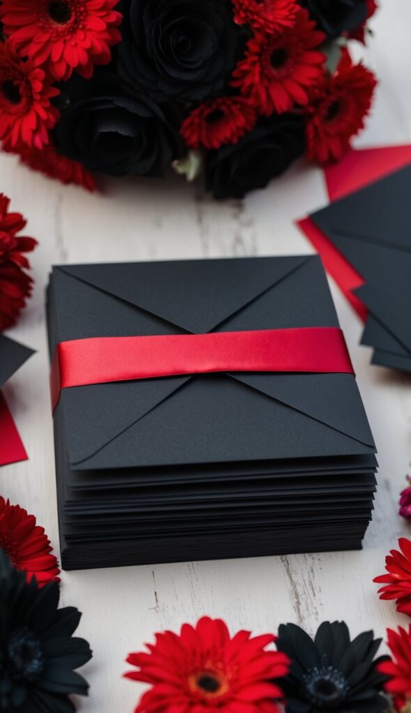 Black invitation cards with red accents arranged in a neat stack, surrounded by red and black wedding decor and floral arrangements