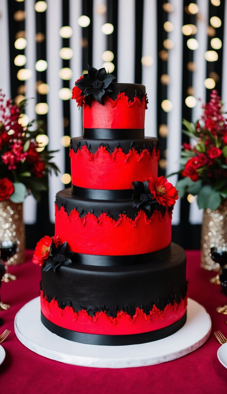A three-tiered red velvet wedding cake with black icing, adorned with red and black floral accents, set against a backdrop of matching themed decor