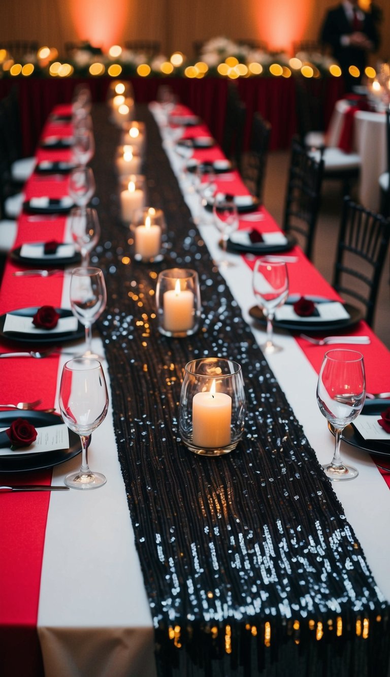 A long black sequin table runner draped across a red and black themed wedding reception table, shimmering in the soft candlelight