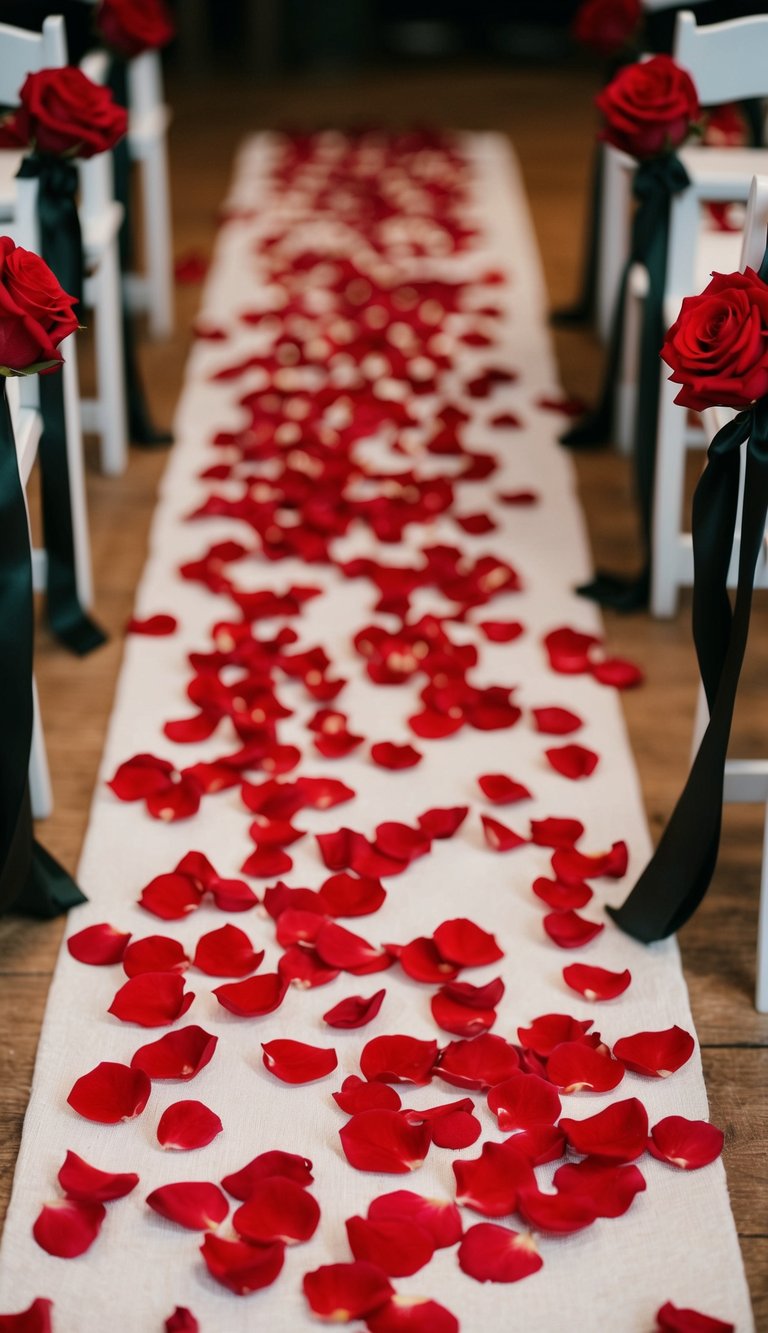 A red rose petal aisle decor with black accents for a wedding theme