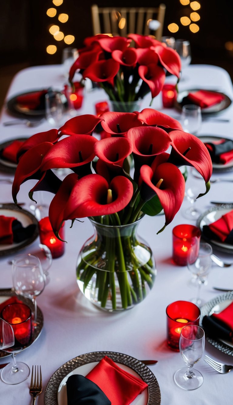 A table set with red and black calla lily bouquets, surrounded by wedding theme decor in the same colors