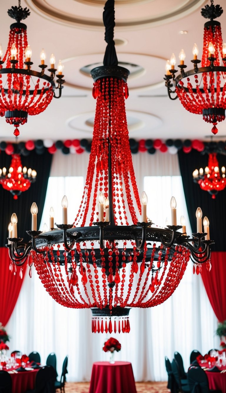 A grand ballroom with black chandeliers adorned with red crystals, set against a backdrop of red and black wedding decor