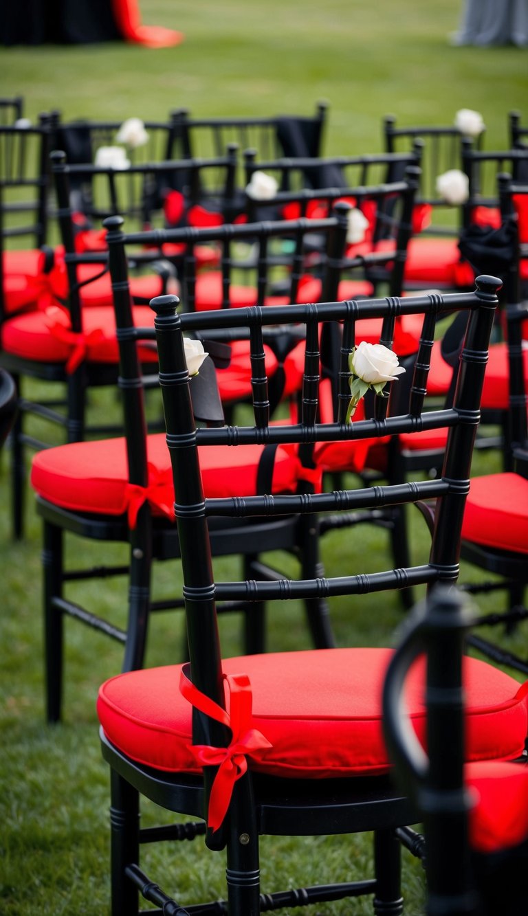 Black vintage chairs with red cushions arranged in a stylish setting for a red and black wedding theme