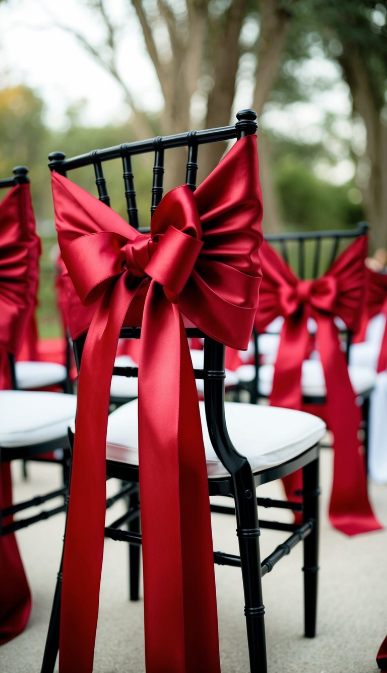 Red satin ribbons draped over elegant chairs, creating a striking contrast of red and black for a wedding theme