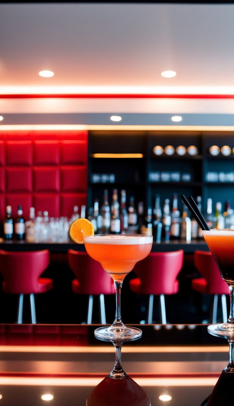 A sleek bar set against a backdrop of red and black decor, featuring elegant signature cocktails in matching colors
