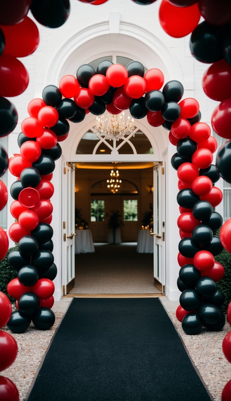Red and black balloon arches framing a wedding venue entrance