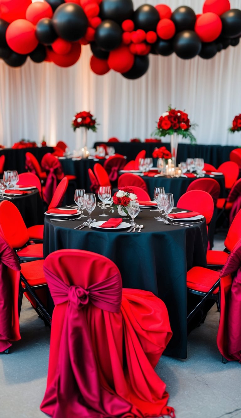 A black table set with red linens, surrounded by red and black wedding decor