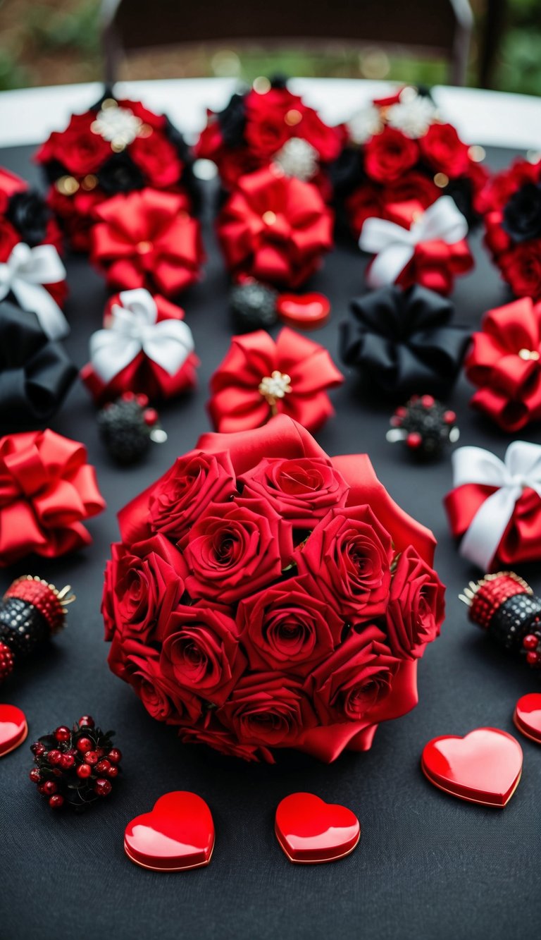 A red satin bouquet surrounded by 18 red and black wedding-themed items