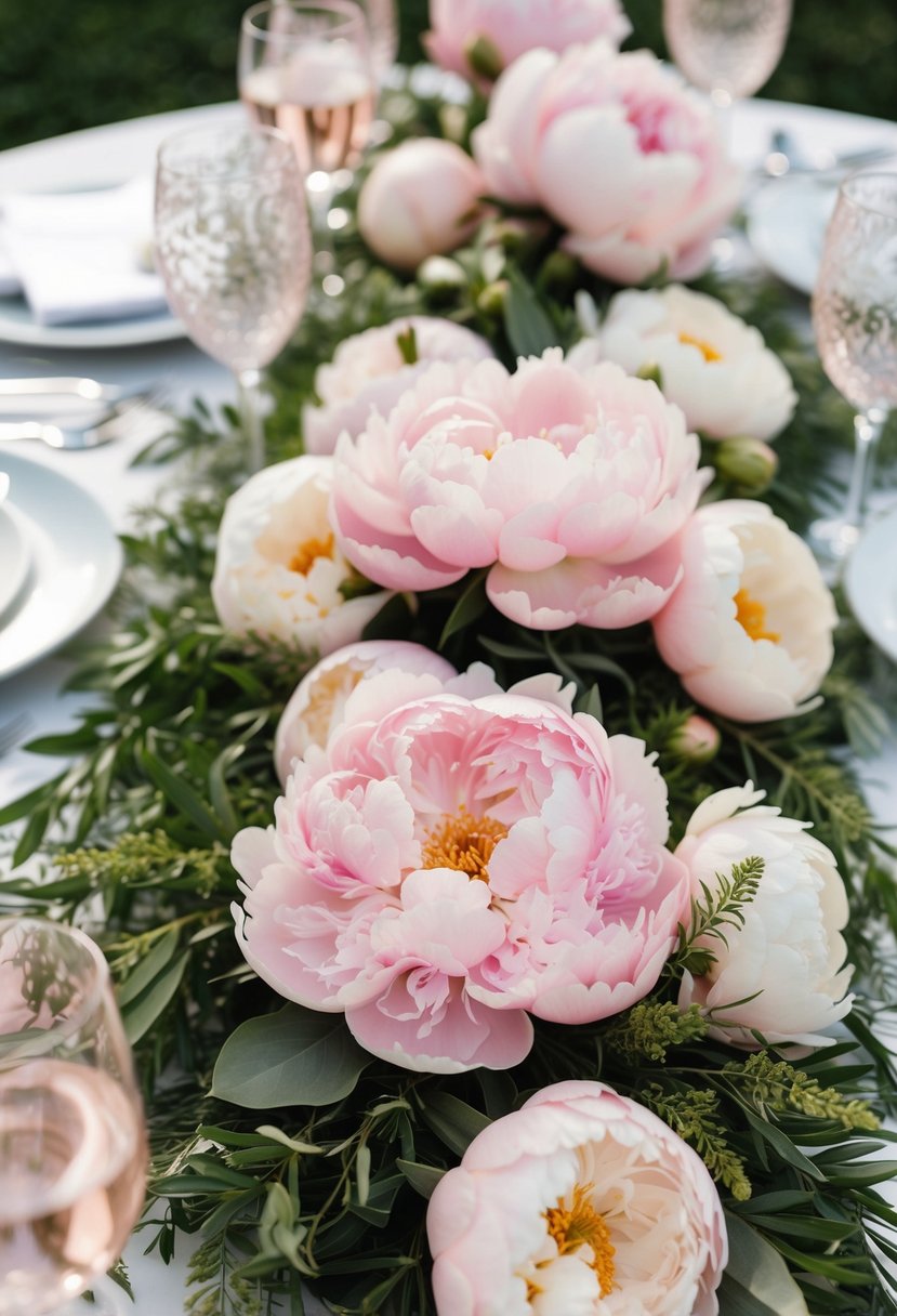A table adorned with blush peonies centerpieces surrounded by greenery, creating an elegant and romantic atmosphere for a wedding celebration