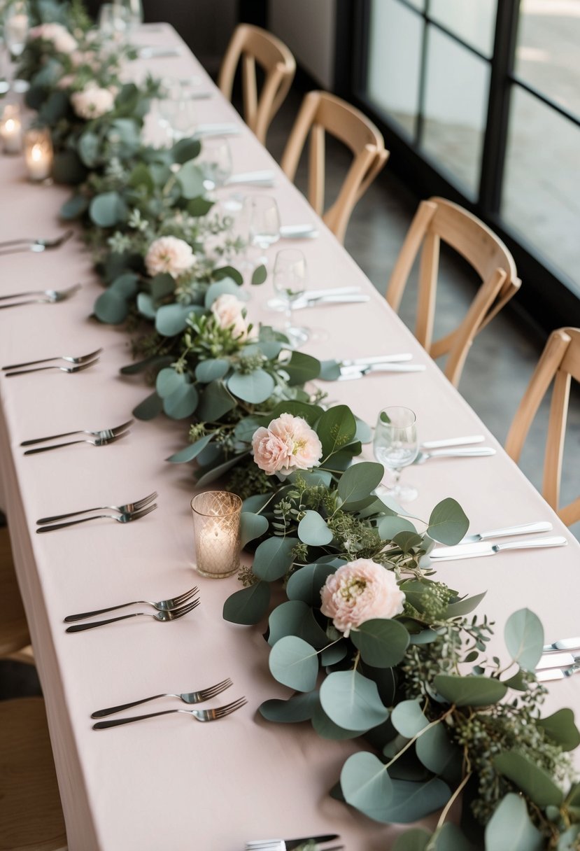 A table adorned with eucalyptus garlands and blush greenery decor for a wedding