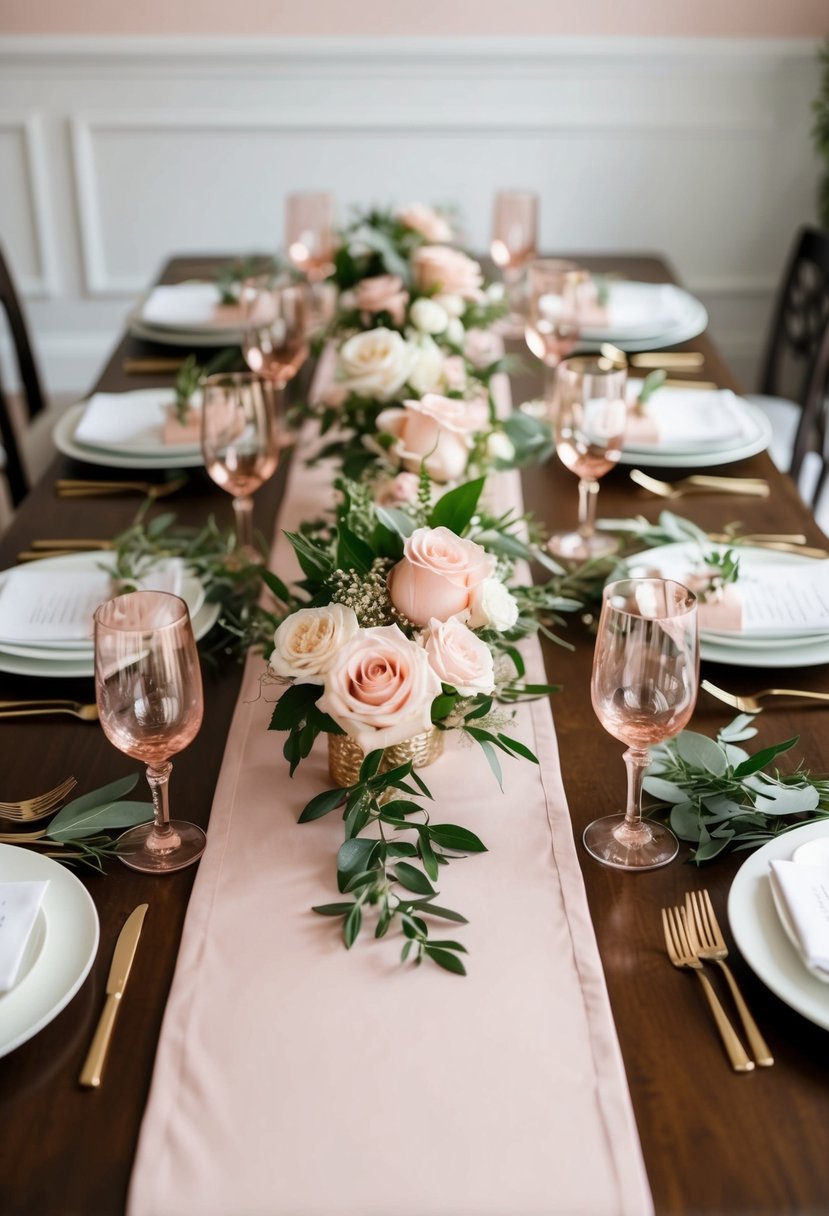 A table adorned with rose quartz runners, adorned with blush and greenery, creating a romantic and elegant wedding decor
