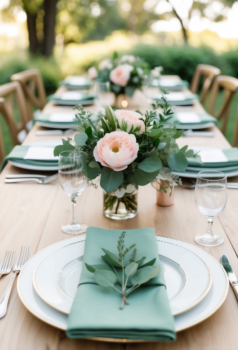 A table set with sage green napkins, adorned with blush and greenery wedding decor