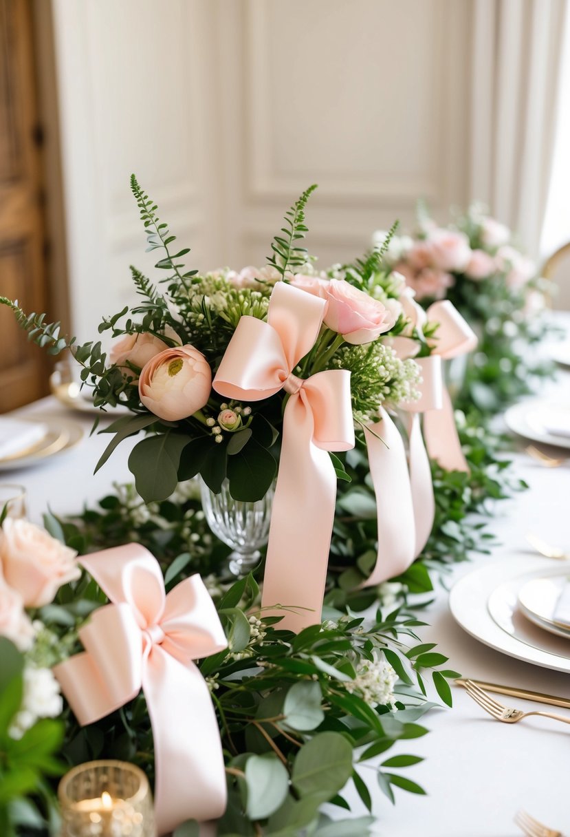 A table adorned with blush silk ribbon bouquets and greenery, creating an elegant and romantic wedding decor
