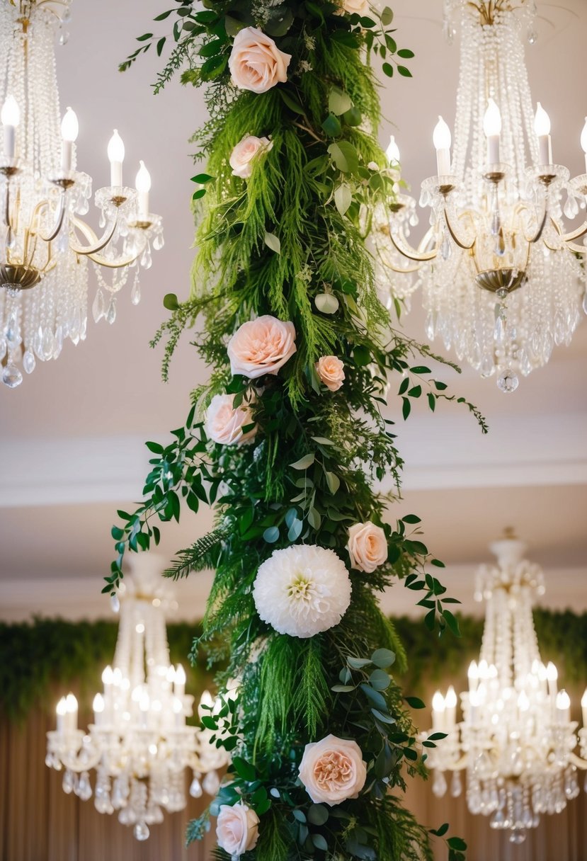 Lush greenery cascades from elegant chandeliers, intertwined with soft blush flowers, creating a romantic and enchanting wedding decor