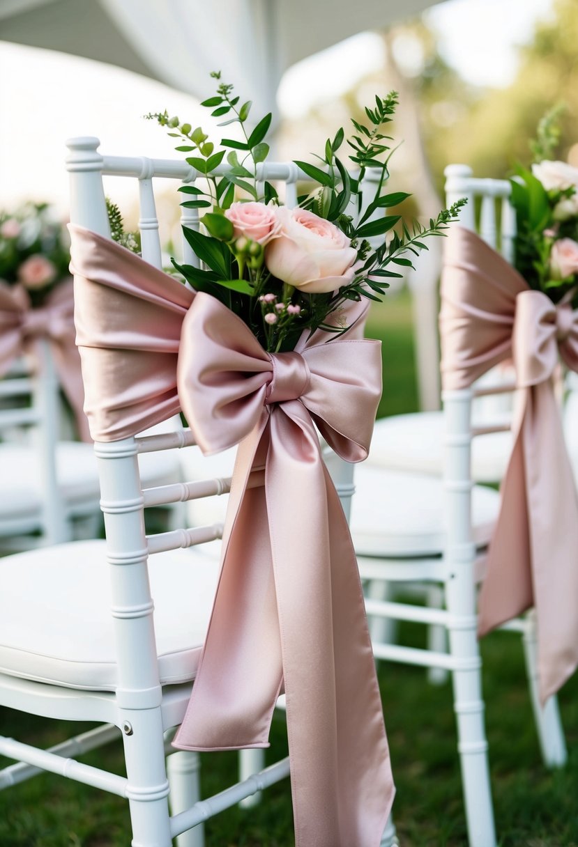 Blush satin chair sashes tied in elegant bows on white wedding chairs, adorned with fresh greenery and delicate blush flowers