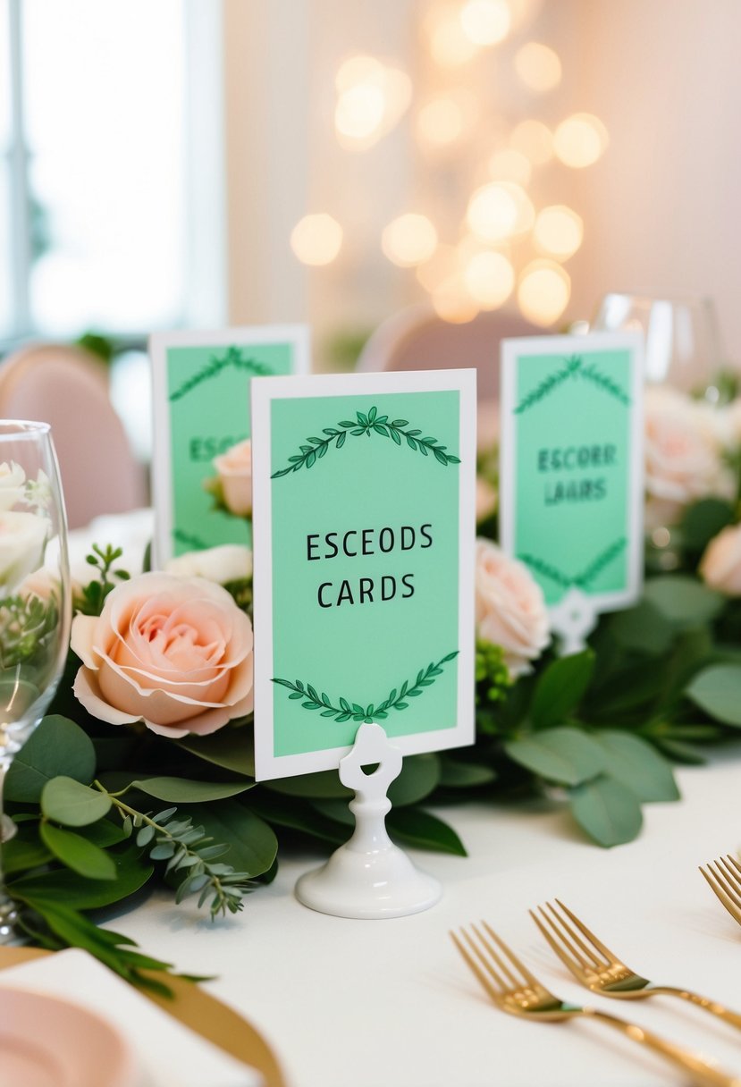 A table adorned with mint green escort cards, surrounded by blush and greenery wedding decor