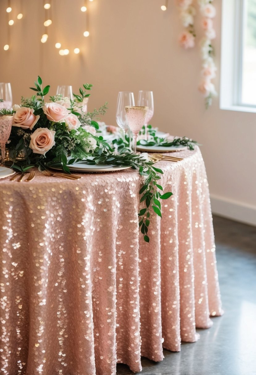 A table set with blush sequin tablecloths, adorned with greenery and blush decor for a wedding celebration