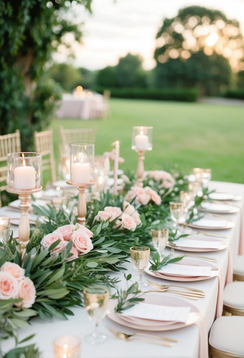 A wedding table adorned with blush and greenery olive leaf wreaths, creating a romantic and elegant atmosphere