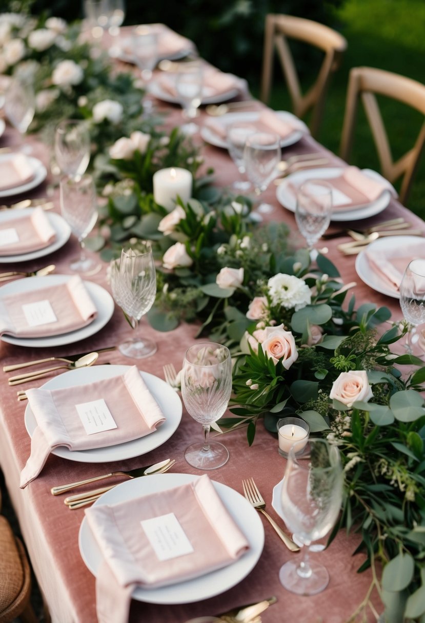 A table adorned with blush velvet linens, scattered with greenery and delicate decor for a romantic wedding ambiance