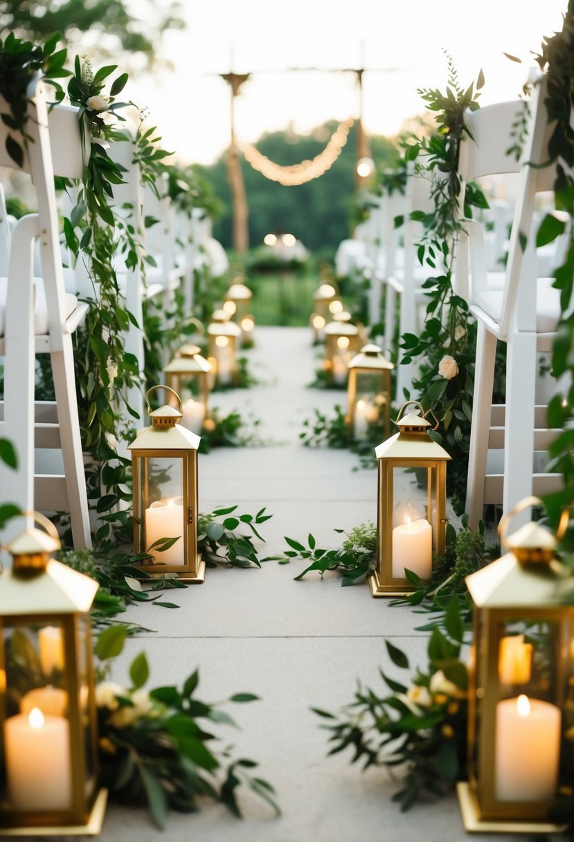 Lanterns and greenery line the aisle, creating a romantic and natural ambiance for a wedding ceremony
