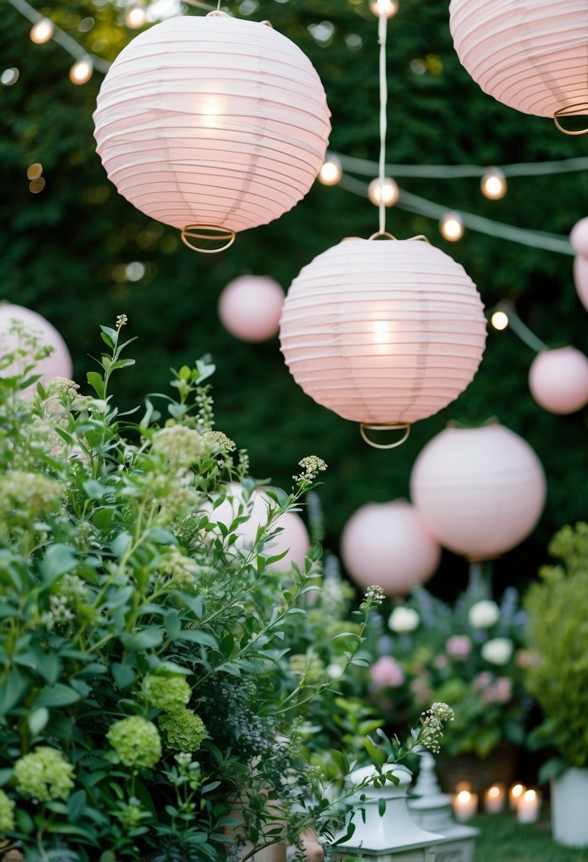 A garden adorned with blush paper lanterns and lush greenery for a romantic wedding setting