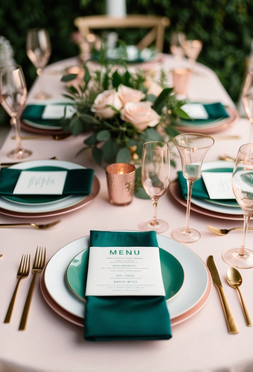 A table set with jade green menu cards surrounded by blush and greenery wedding decor
