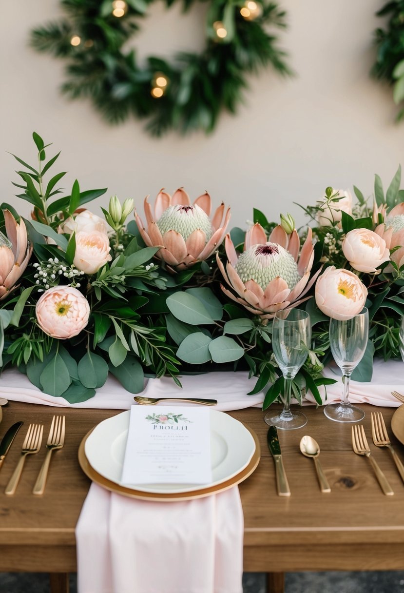 A table adorned with blush protea floral arrangements and greenery, creating an elegant and romantic wedding decor