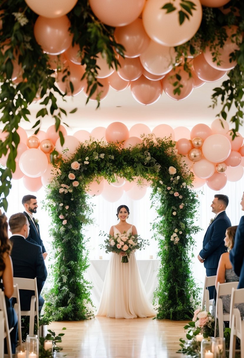 A lush greenery and blush balloon arch frames a wedding ceremony