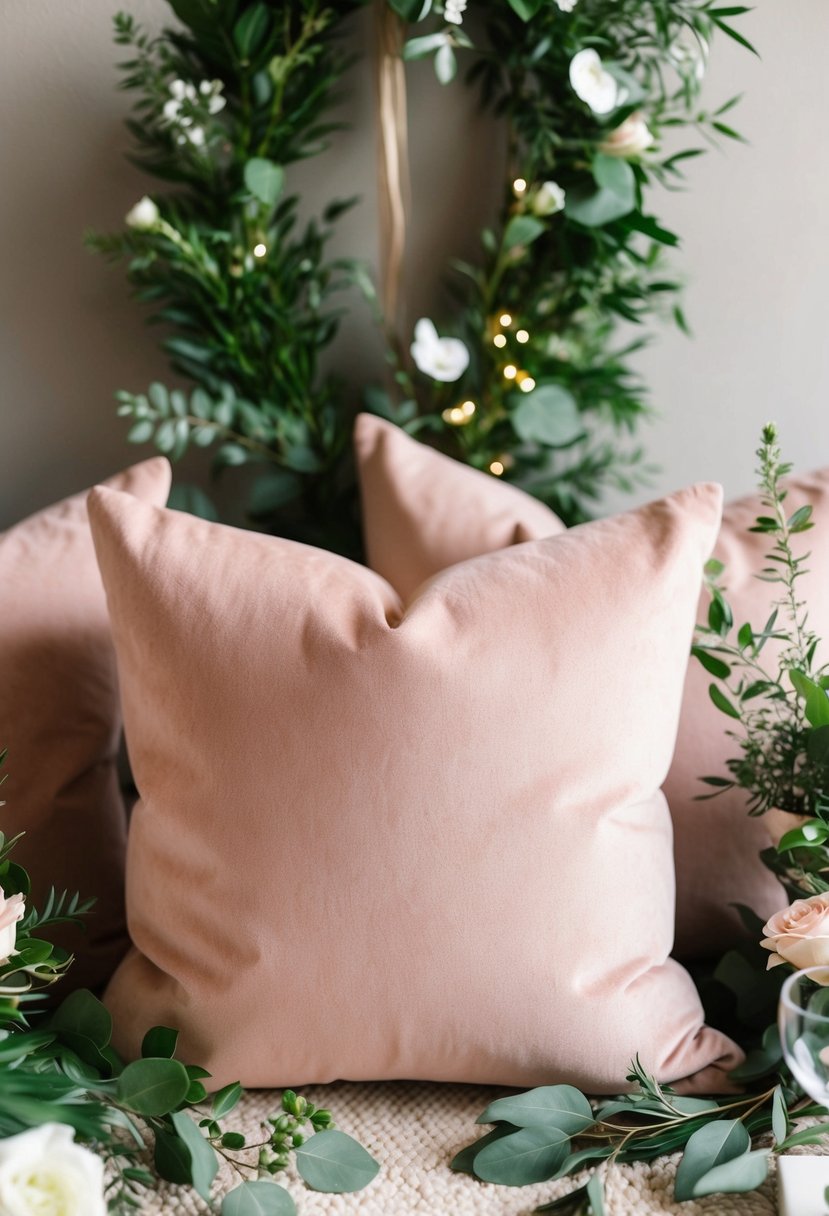 A cozy wedding setting with blush microfiber suede pillows surrounded by greenery decor