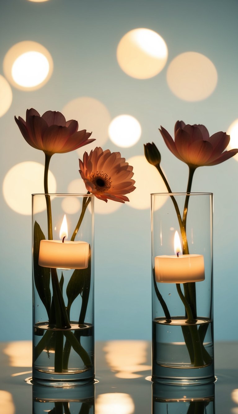 Submerged flowers with floating tea lights in glass vases