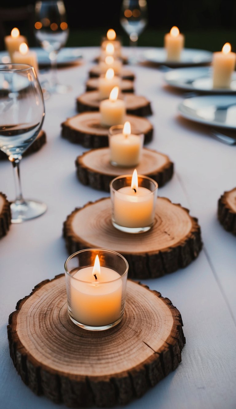 Rustic wood slices hold floating candles in a wedding centerpiece