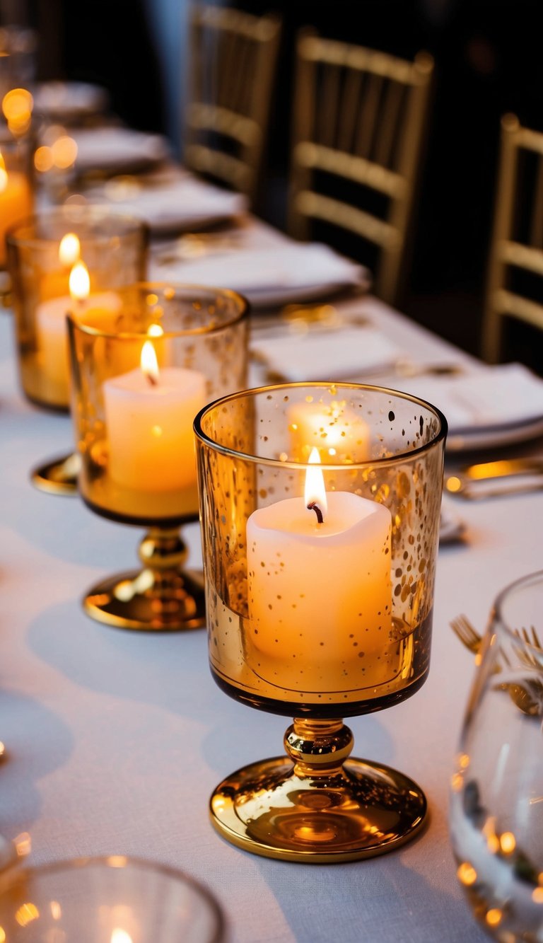 Golden mercury glass holders hold floating candles, casting a warm glow in a wedding centerpiece