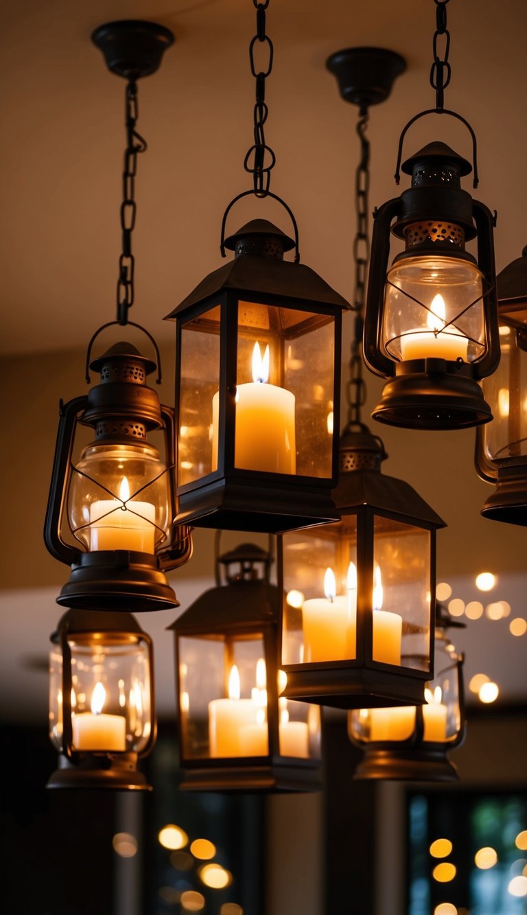 A cluster of vintage lanterns hang from the ceiling, each containing a flickering candle that casts a warm glow throughout the room