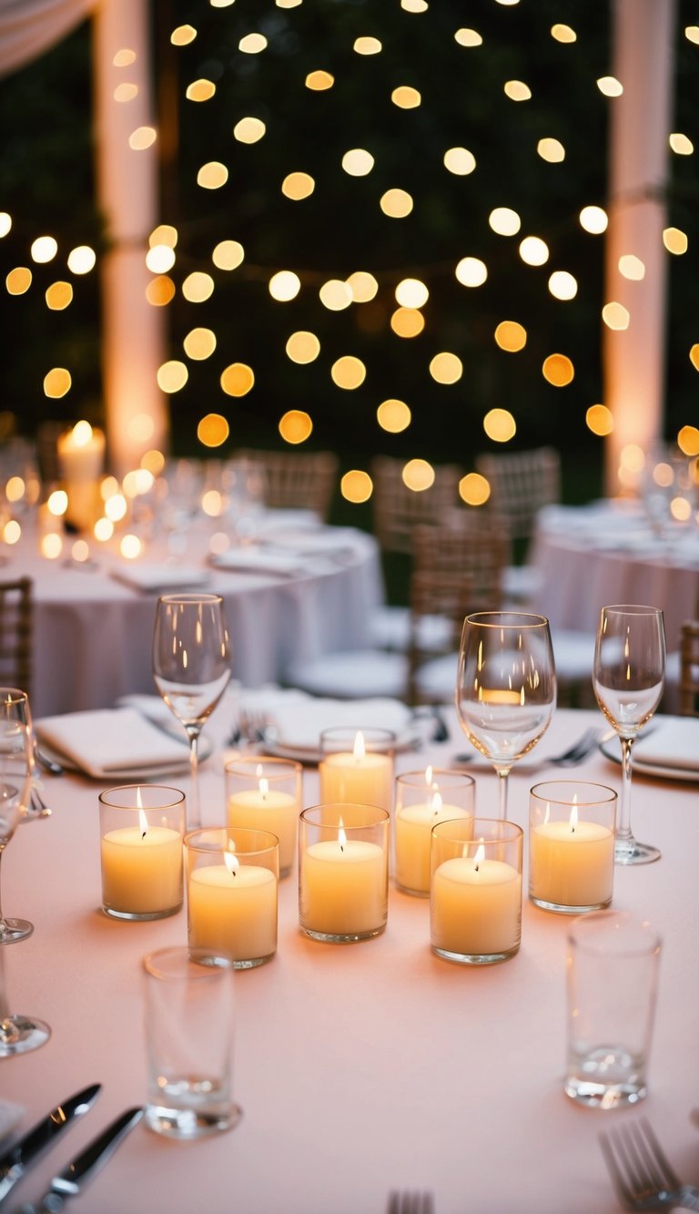 Fairy lights twinkle above 15 floating candles in a wedding centerpiece
