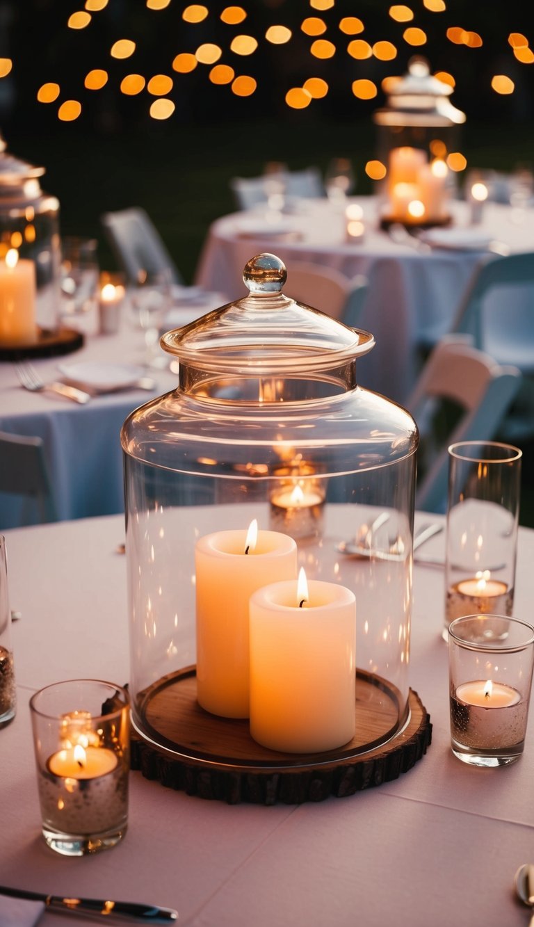 Glass hurricane lanterns hold floating candles, casting a warm glow on the wedding tables