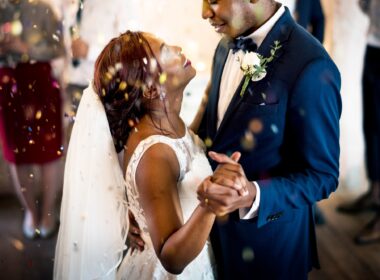 Newlywed African Descent Couple Dancing Wedding Celebration