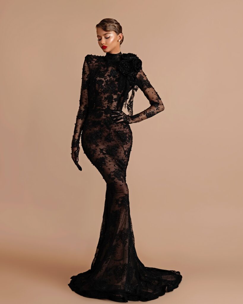 Black Lace Wedding Dress with Red Details