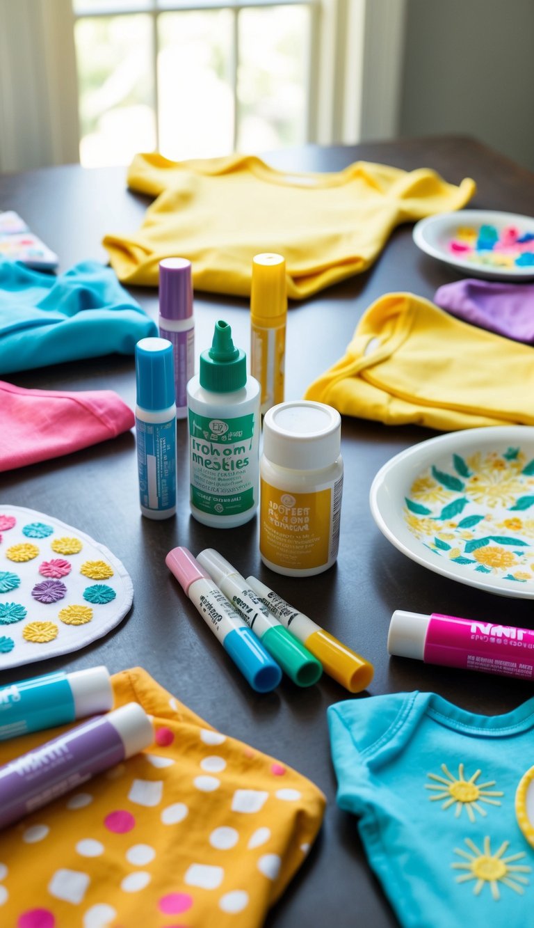 A table with various craft supplies for decorating onesies, including fabric markers, iron-on patches, and fabric paint. Bright, summery colors and patterns are displayed