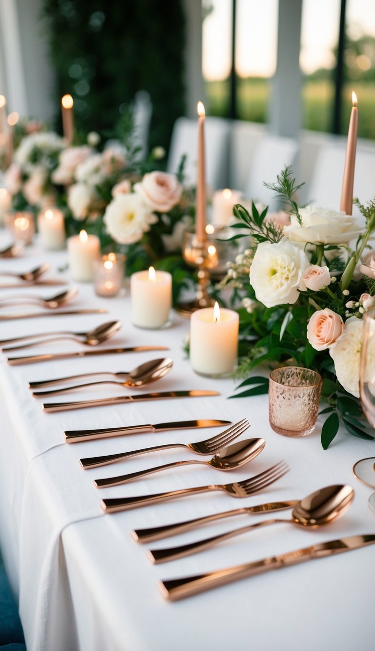 Rose gold cutlery arranged on a white linen tablecloth with elegant floral centerpieces and soft candlelight