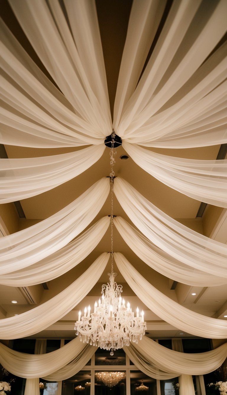 Elegant chiffon drapes adorn the ceiling, creating a romantic and luxurious atmosphere for a wedding