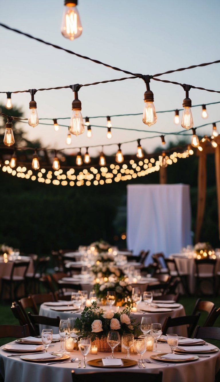 A dimly lit outdoor wedding reception adorned with Edison bulb string lights, creating a warm and elegant ambiance