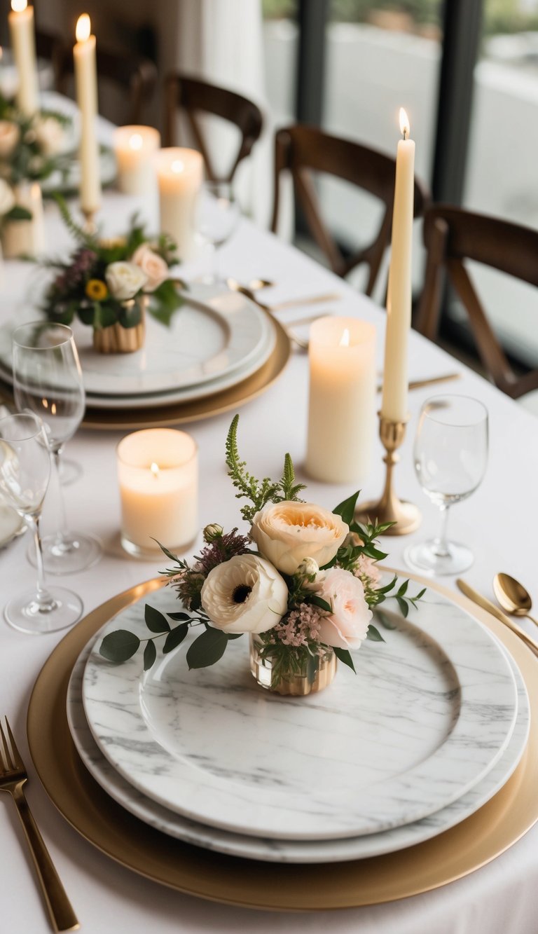 Elegant marble charger plates arranged on a table with floral centerpieces and soft candlelight