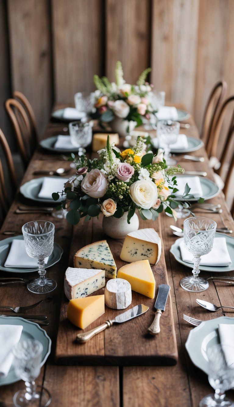 A rustic wooden table showcases a variety of artisan cheeses, accompanied by elegant floral arrangements, vintage silverware, and delicate crystal glassware