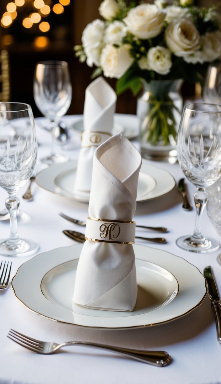 Elegant monogrammed napkin rings arranged on a table with fine china and crystal glassware for a classy wedding decor